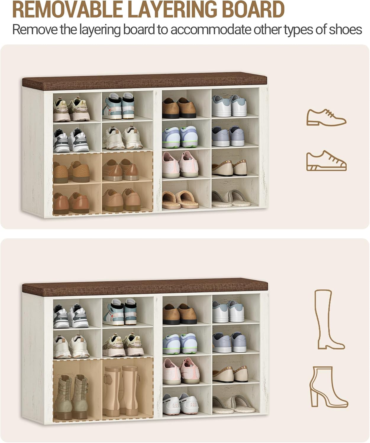 Detalle de Hzuaneri banc à chaussures blanc SB25614KA avec siège et rangement (16 compartiments, coussin)