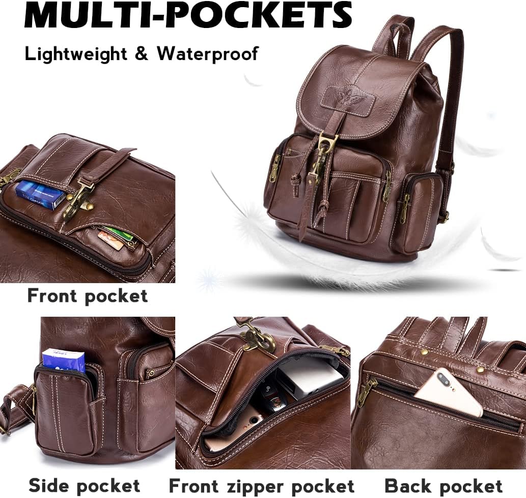 Detalle de SPAHER Damen Mini-Rucksack aus Kunstleder – wasserdicht & Anti-Diebstahl, Vintage Daypack (braun)