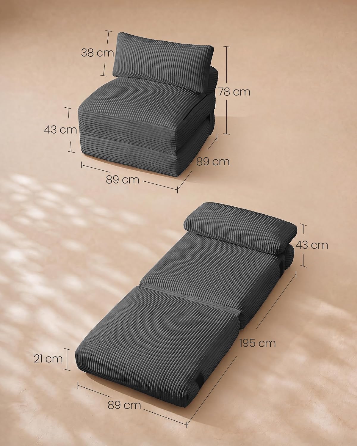 Thumbnail 2 de VASAGLE Poltrona Letto Pieghevole Camila LCS211G101 in velluto grigio piombo — 89x89x78 cm chiuso / 89x195x43 cm aperto