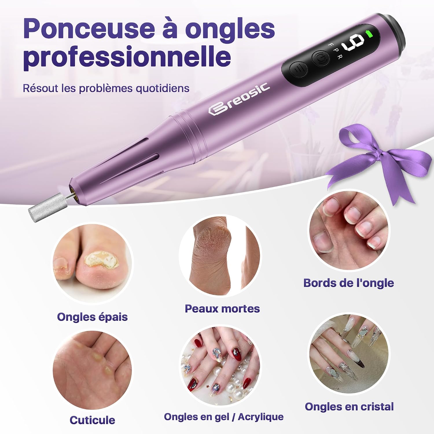 Detalle de Breosic Ponceuse pour Ongles Professionnel – Lime à Ongle Électrique Violet