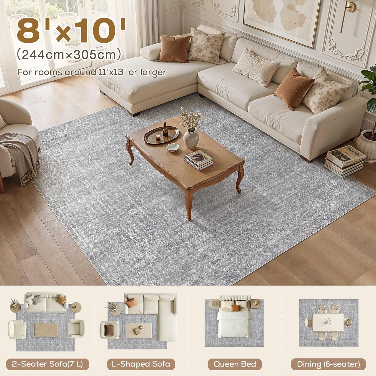 Thumbnail 4 de Nakagishi Neutral 8x10 Area Rug, Grey, Washable Low-Pile Polyester