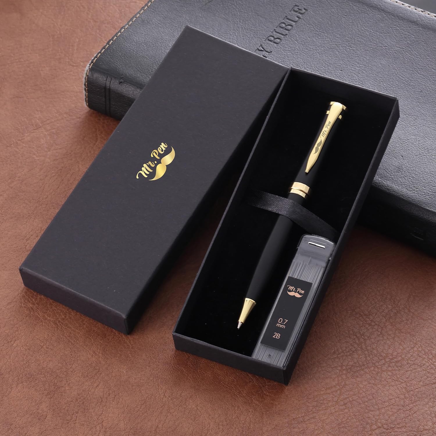 Detalle de Mr. Pen 0.7mm 金属製シャープペンシル ブラック×ゴールド、2B芯ケース・ギフトボックス付き