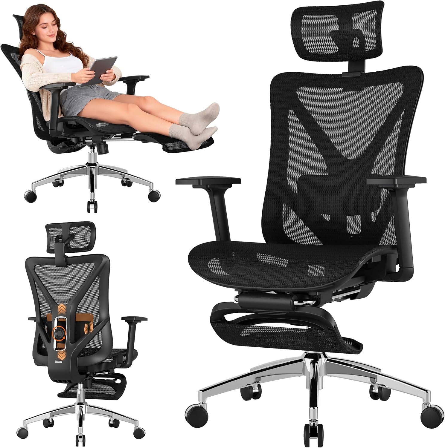 Detalle de GABRYLLY GYMN01 Ergonomic Office Chair with Footrest, 135° Recline and Mesh Back