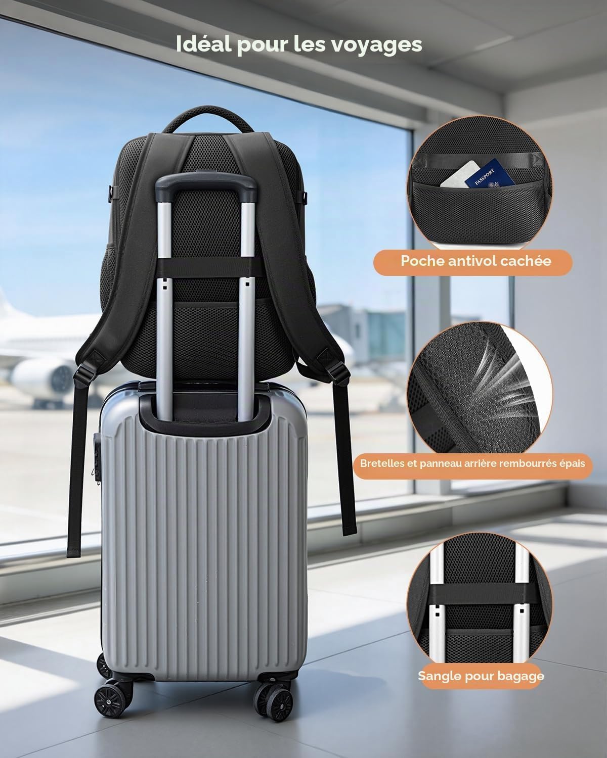 Detalle de Lekespring Sac à Dos Cabine 40x30x20 Ryanair – 24–30L extensible, ordinateur, noir
