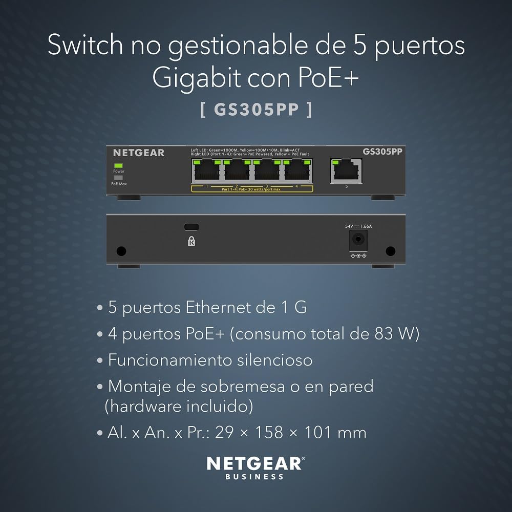 Detalle 2 de NETGEAR GS305PP Switch 5 puertos Gigabit 83 W