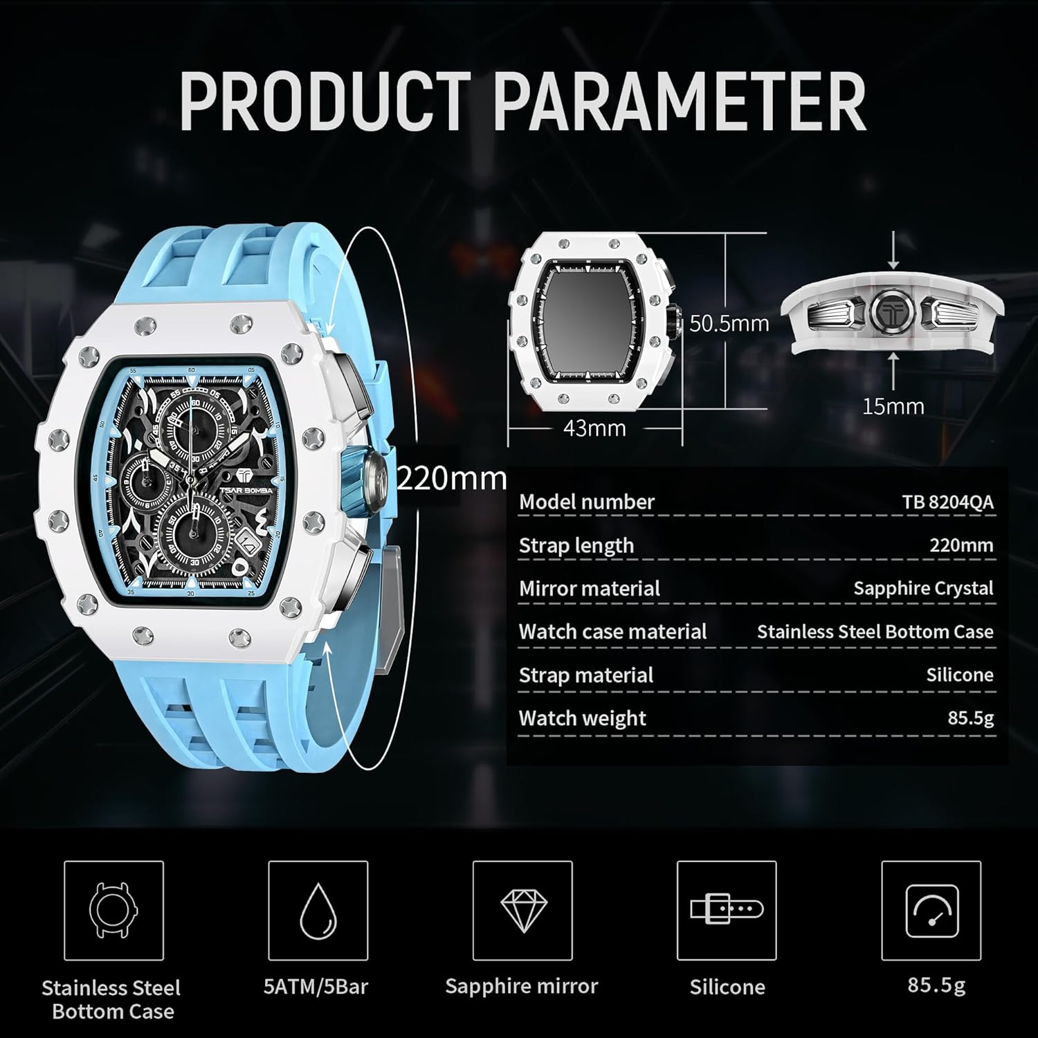 Thumbnail 5 de TSAR BOMBA Orologi da uomo di lusso: cronografo elegante con cinturino tonneau in silicone