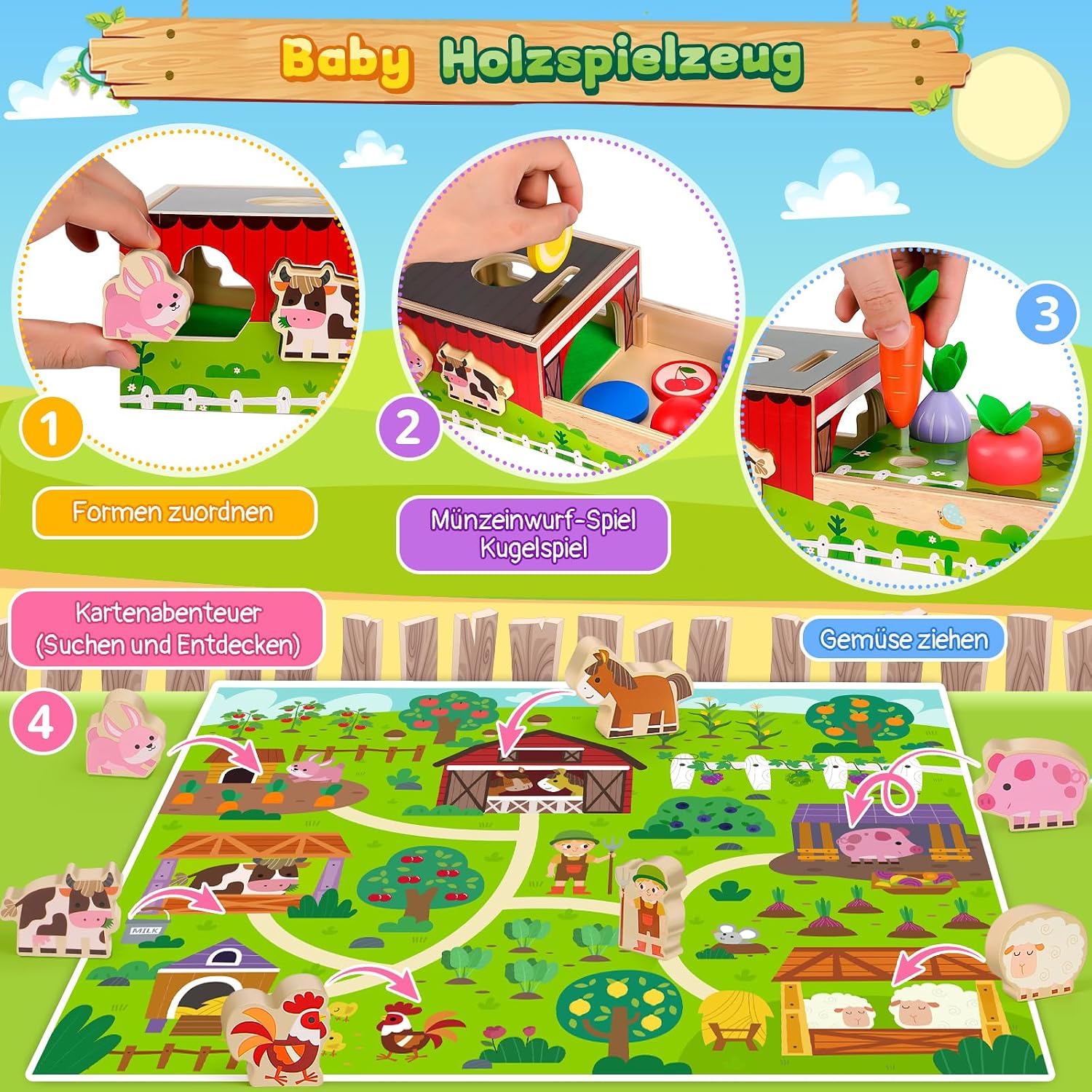 Detalle 2 de Montessori Holzspielzeug ab 1 Jahr – 5-in-1 Bauernhof Spielset aus Holz