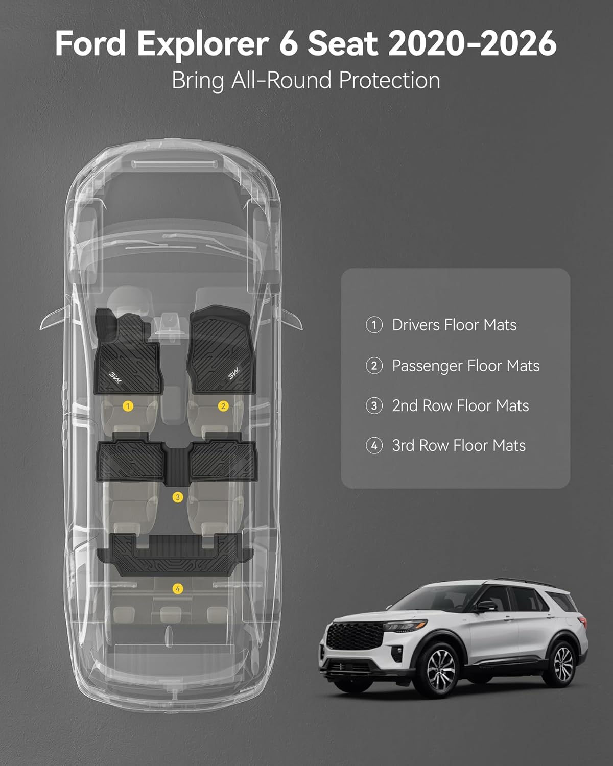 Thumbnail 1 de 3W Ford Explorer Floor Mats (2020-2025/2026) — All-Weather, Custom Fit, 3-Row, TPE Floor Liners for 6-Passenger Interior