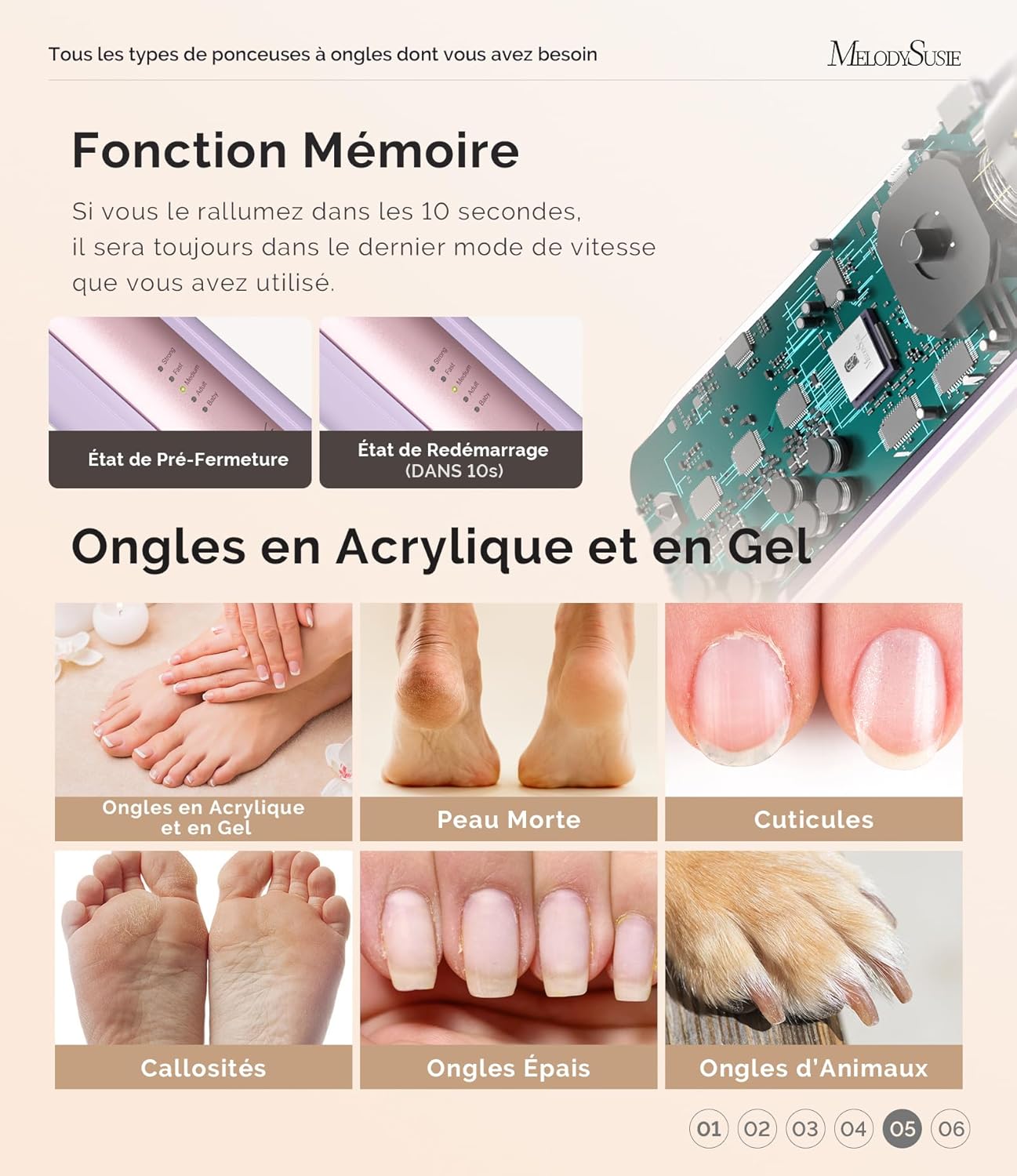 Thumbnail 5 de MelodySusie ponceuse pour ongles PC760G – kit manucure/pédicure sans fil avec 8 embouts et LED 360°, 5 vitesses