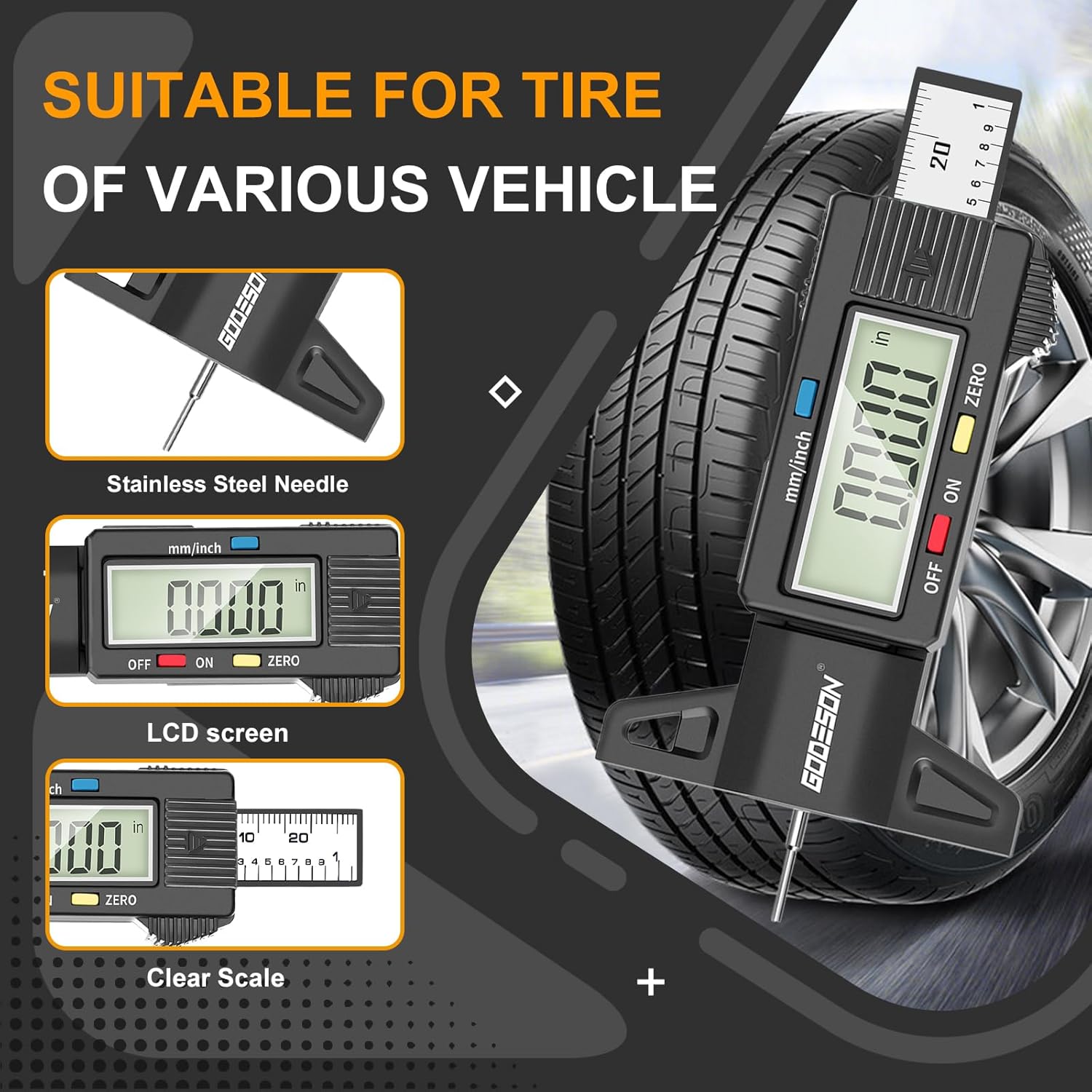 Thumbnail 3 de GODESON Digital Tyre Tread Depth Gauge (UK) – 0–25.4mm/0–1in, 0.01mm accuracy with large LCD