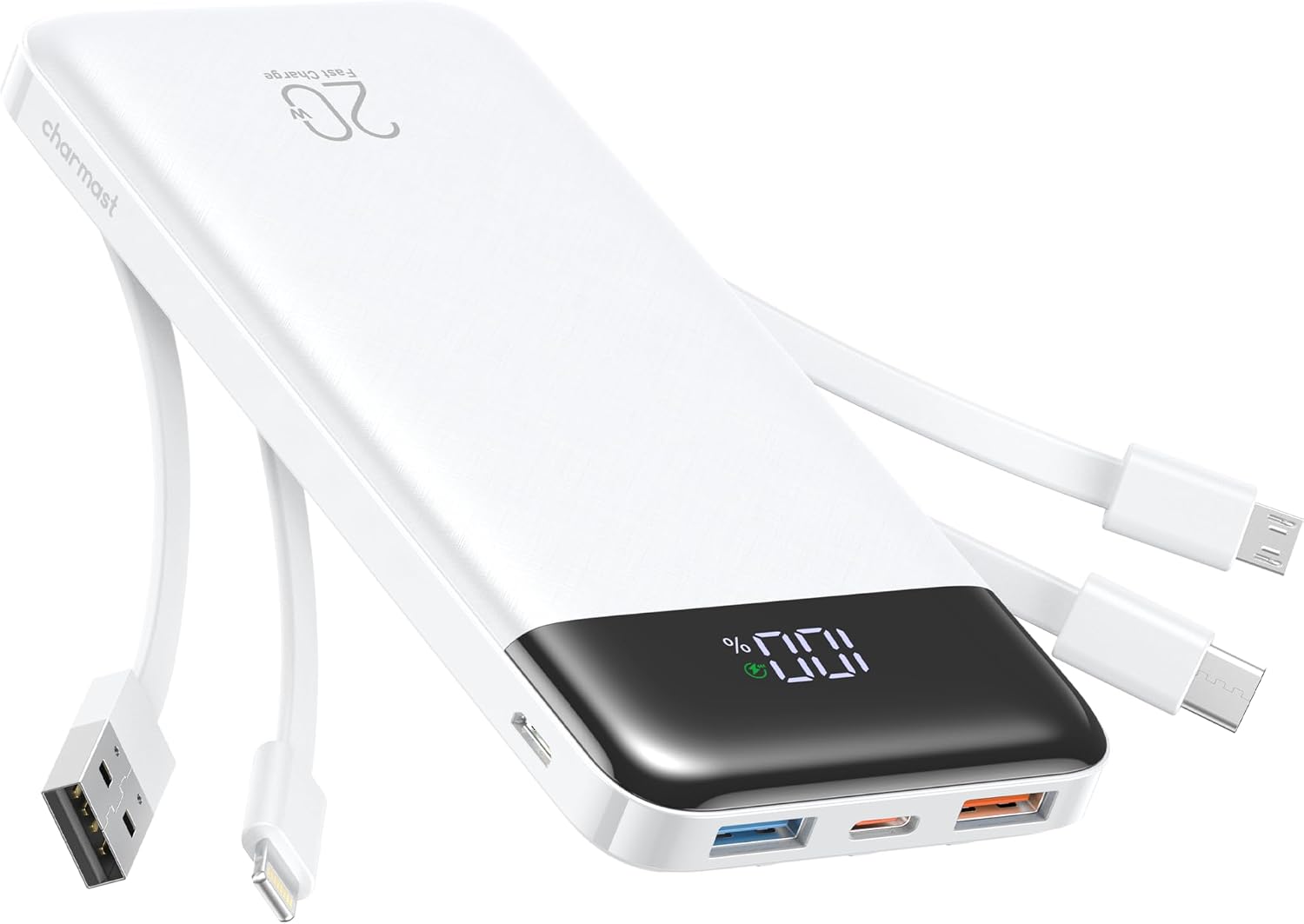 Detalle de Charmast Power Bank with Built-in Cables, 20000mAh (22.5W) – PD/QC Fast Charging, White