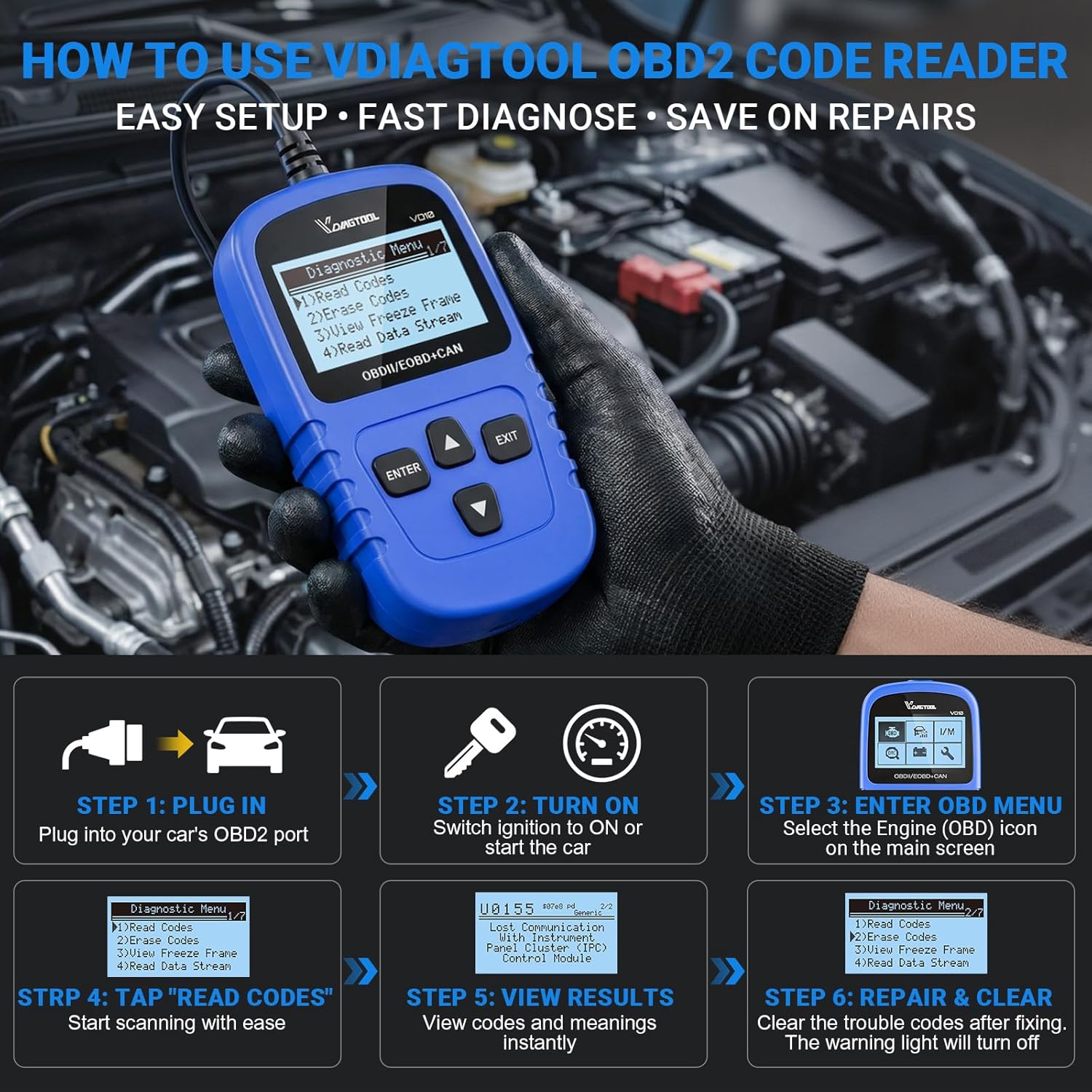 Detalle de VDIAGTOOL VD10 OBD2 Diagnosegerät – EOBD/OBD2 Scanner mit Live-Daten und I/M-Bereitschaft