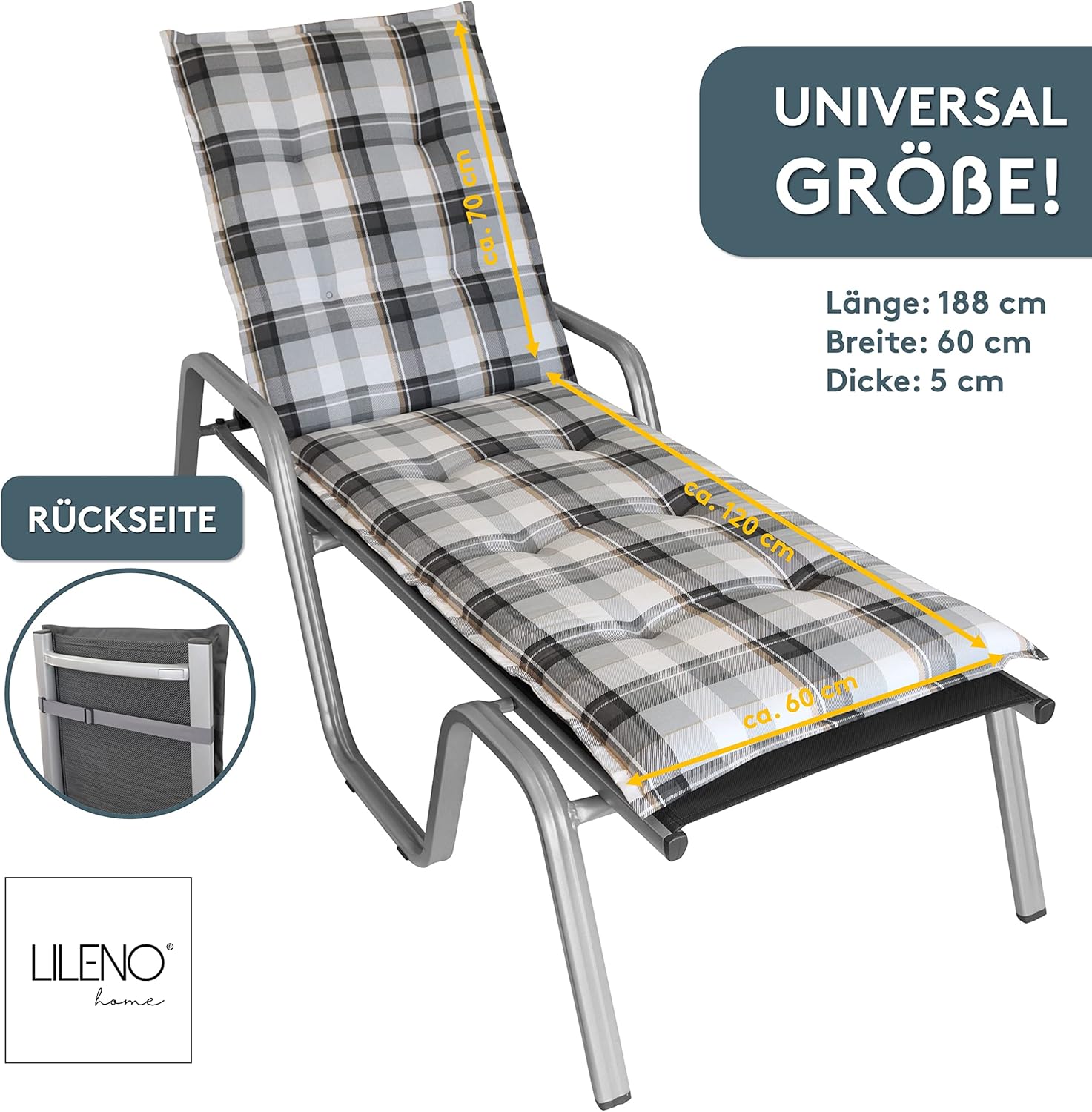 Thumbnail 1 de LILENO HOME Sonnenliege Rollliege in Karo Grau – Gartenliege Auflage 188x60x5 cm