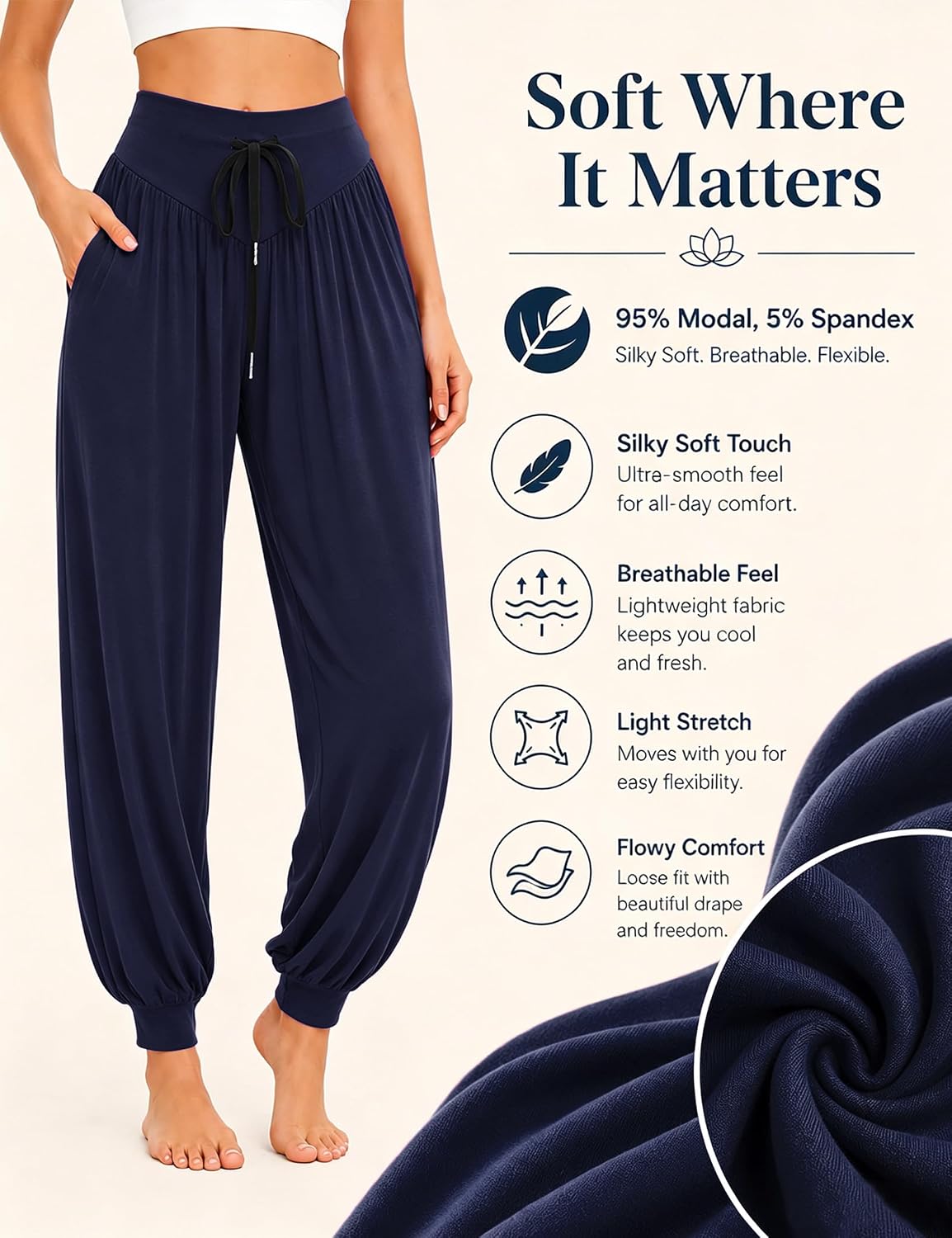 Detalle de Terecey Pantalon Sarouel Femme Sport Taille Haute Bouffant – Yoga, Pilates, Fitness