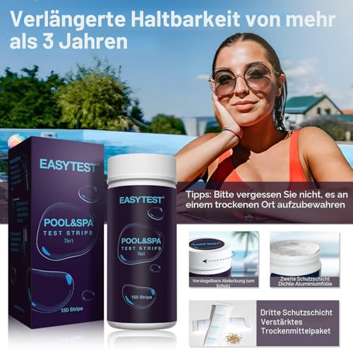 Detalle 2 de EASYTEST 7 in 1 Pool Teststreifen – 150 Streifen für präzise Wassertests im Pool und Spa