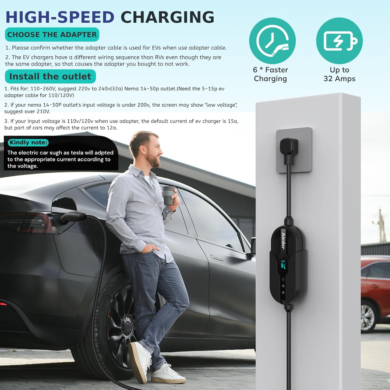 Thumbnail 5 de AIMILER Level 2 Tesla Charger (WiFi App, 32A) with NACS Connector + 25ft ETL-Certified Cable, NEMA 14-50P