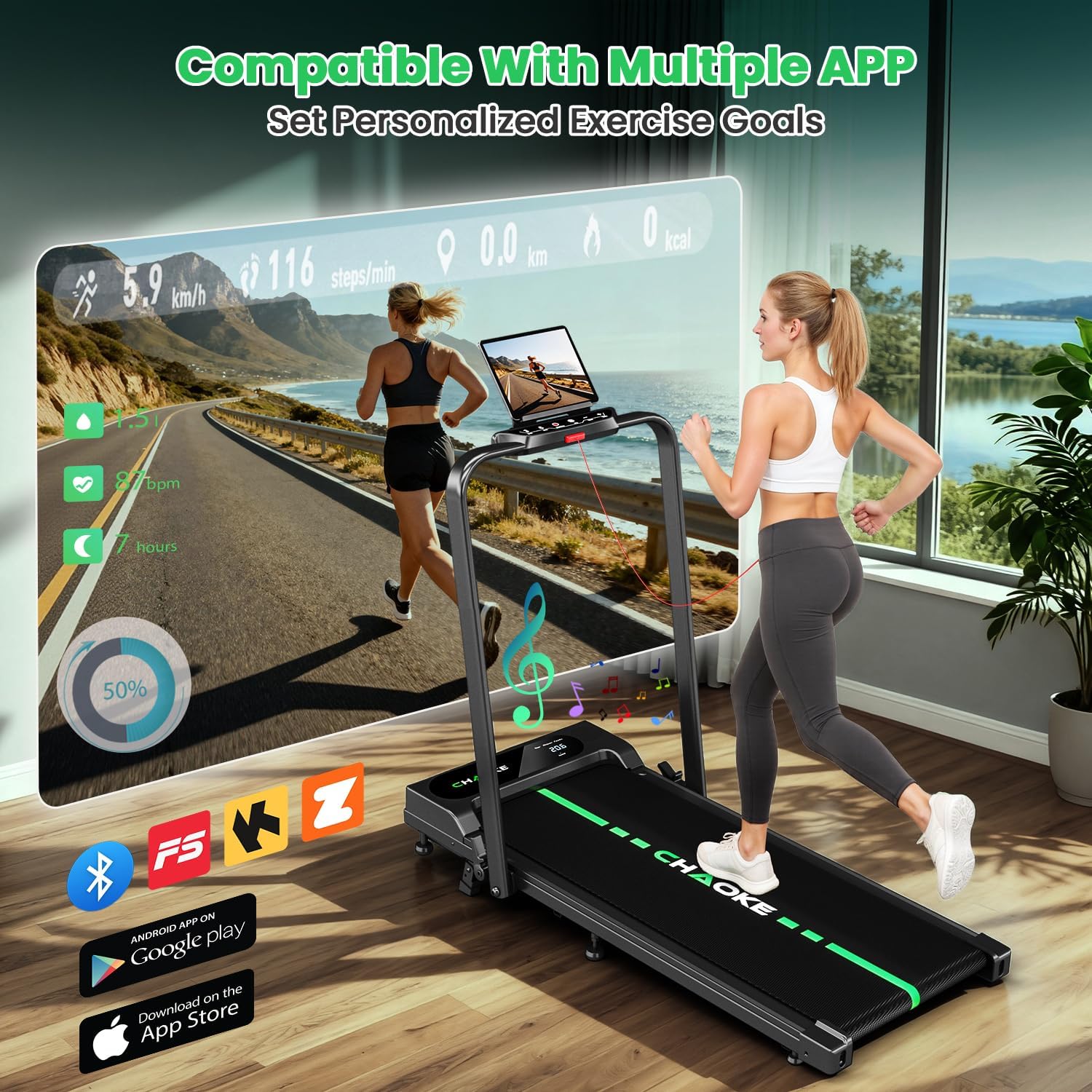 Detalle de CHAOKE Foldable Treadmill with 10% Incline, 7.5 MPH, App and Speaker