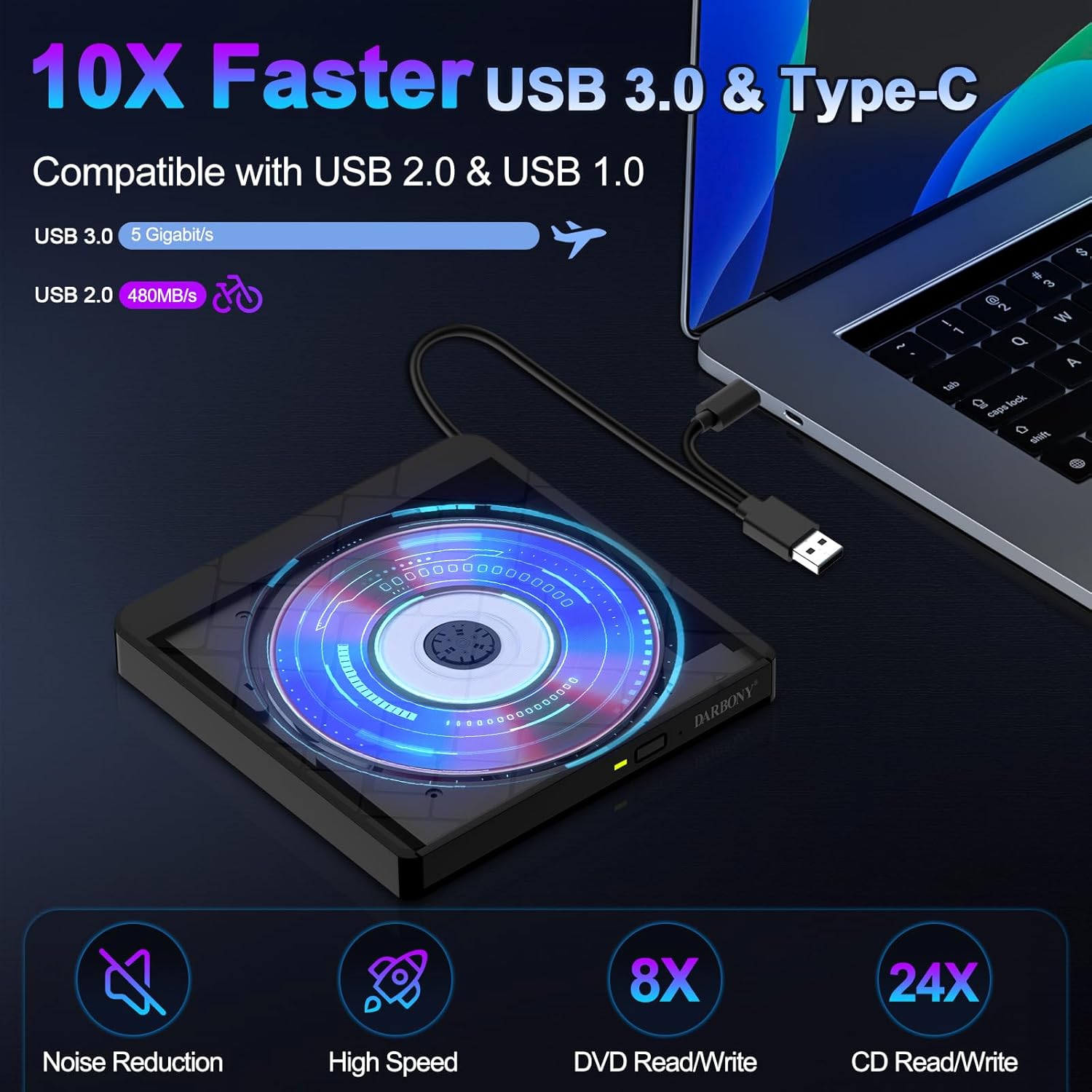 Thumbnail 1 de External USB 3.0 Type-C CD DVD Drive for Laptop 💽
