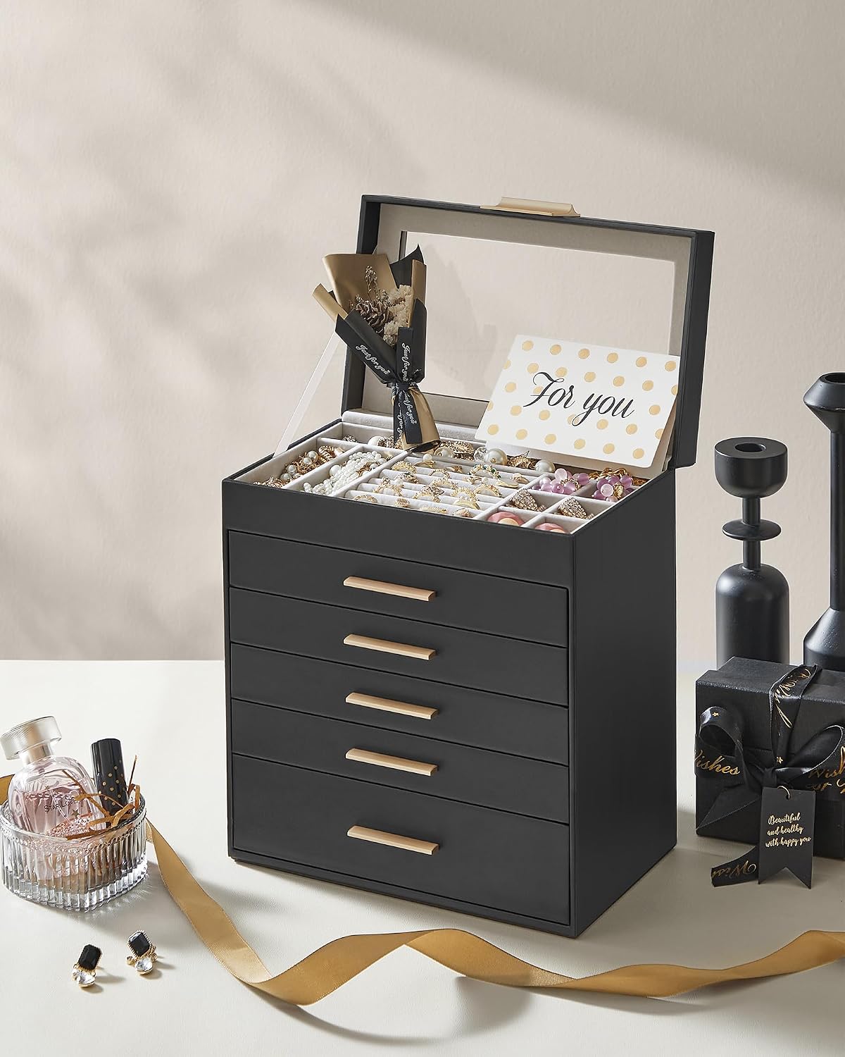 Thumbnail 6 de SONGMICS JBC171B01 Gisella 6-tier jewellery box with glass lid and velvet lining