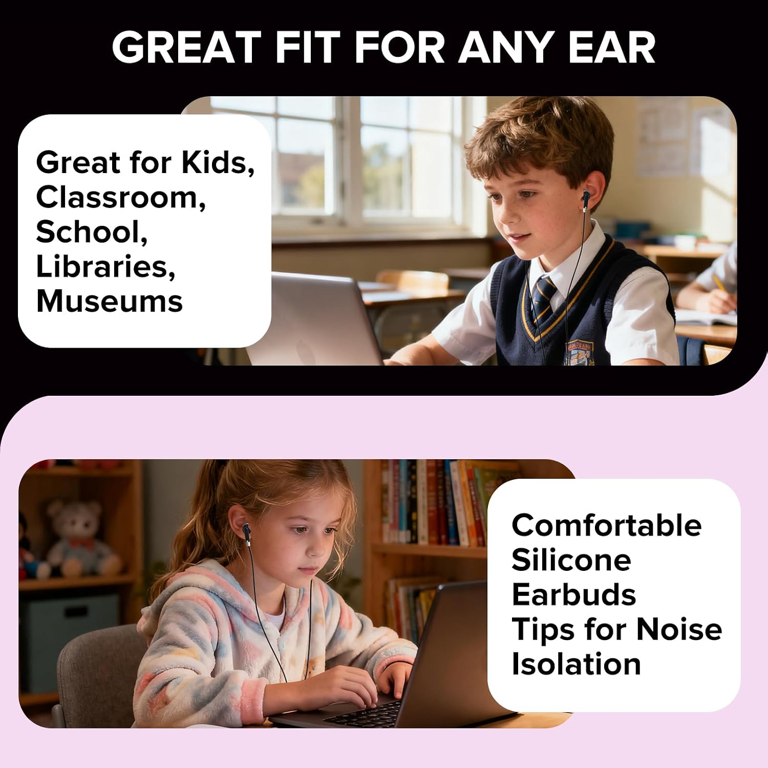 Detalle de MUMSTHT YS101 Kids Wired Earbuds, 30-Pack, Black with 3.5 mm Plug