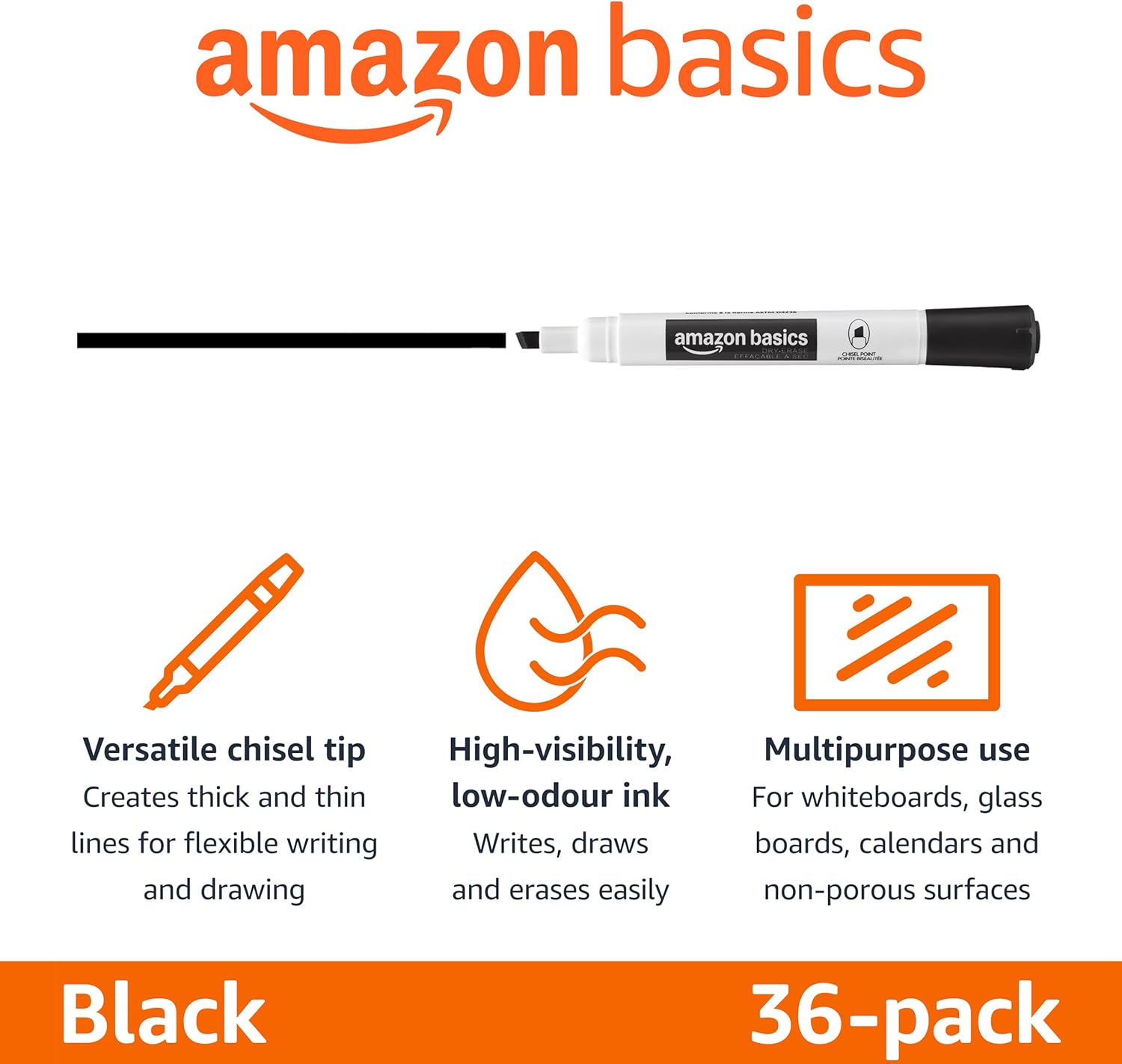 Detalle de Amazon Basics Low-Odor Whiteboard Markers (36-pack) – Black, Chisel Tip