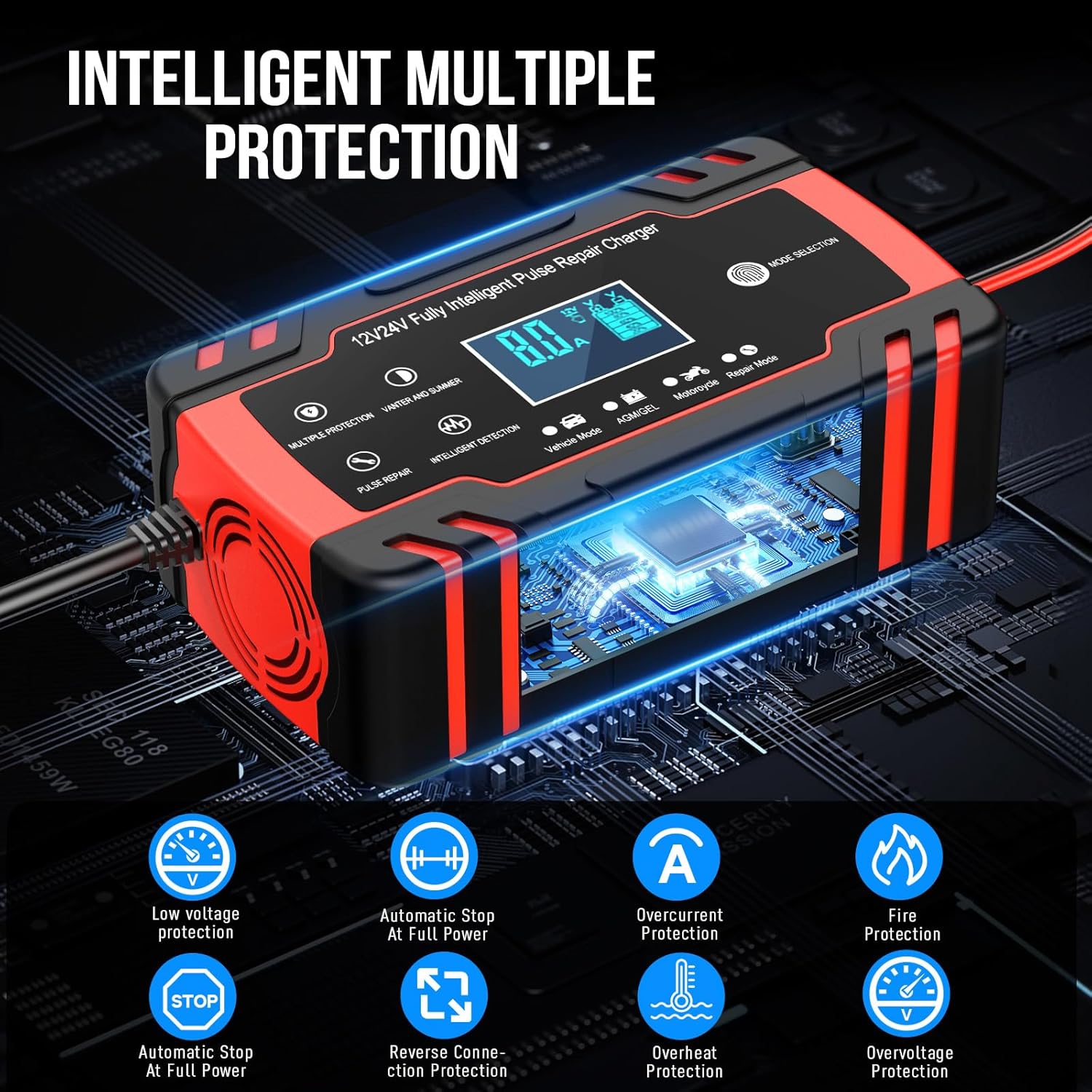 Thumbnail 4 de Caricabatterie Auto 12V/24V 8A con Protezioni Multiple e Mantenitore Intelligente con Display LED