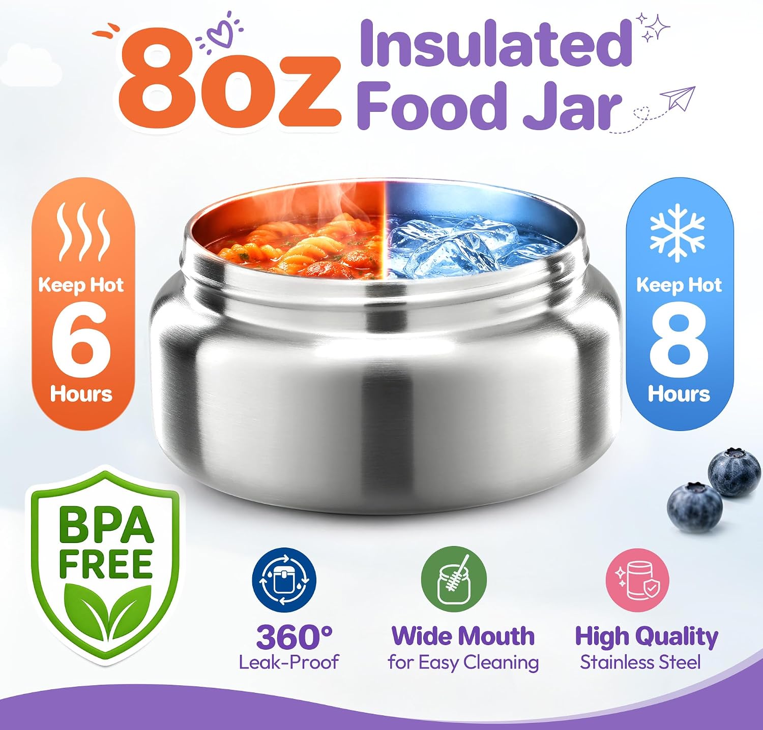 Thumbnail 2 de Kids Bento Lunch Box Set with 8oz Soup Thermo (Leak-Proof) + 4-Compartment Containers, Insulated Lunch Bag - Purple