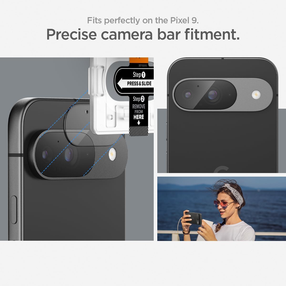 Detalle de Spigen Glas.tR EZ Fit Optik – pellicola proteggi fotocamera per Google Pixel 9 (cristallino, 2 pezzi), installazione facile