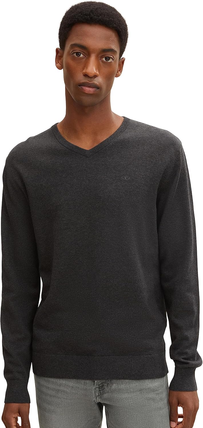 Detalle de TOM TAILOR Herren-Strickpullover mit V-Ausschnitt aus Baumwolle