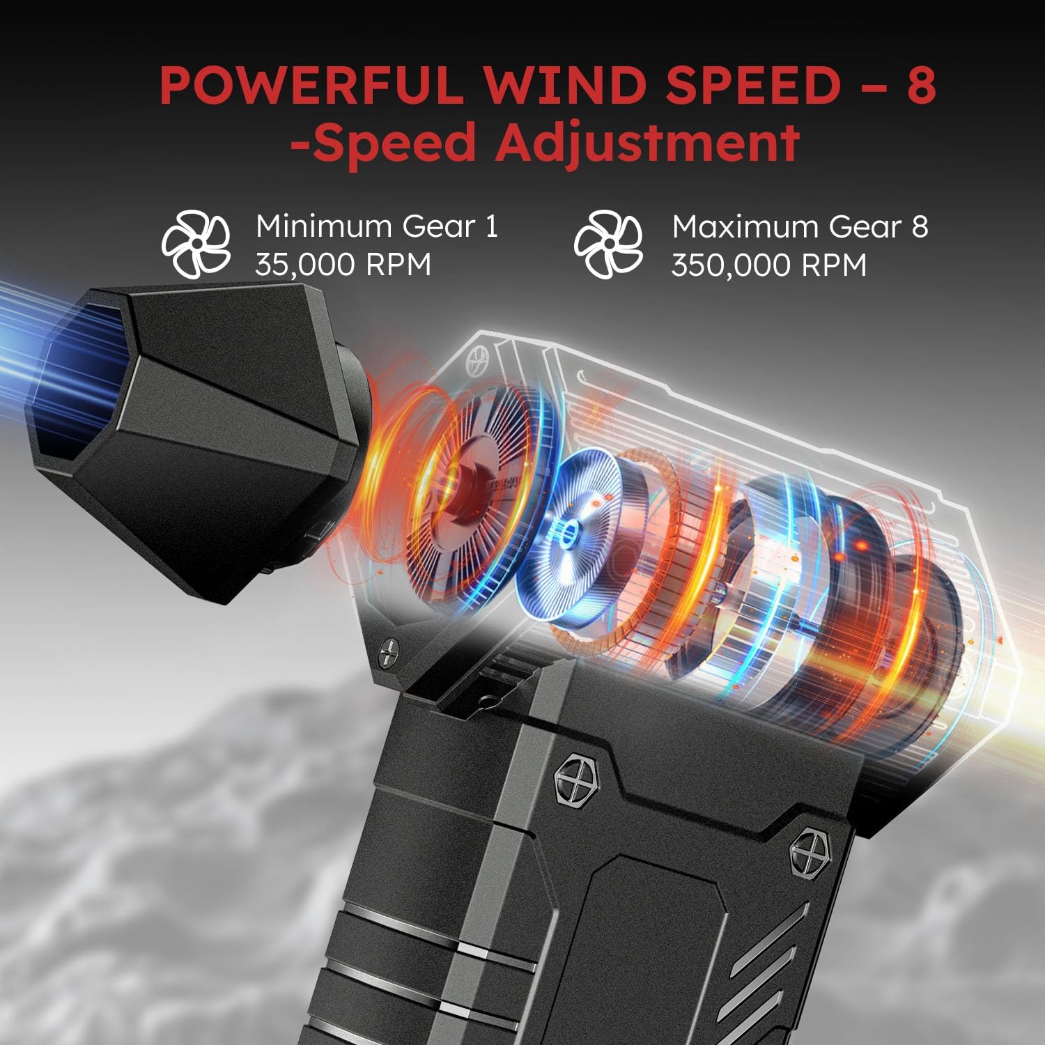 Detalle de KACNON Electric Air Duster 350000RPM – Cordless 12000mAh, 8-Speed, LED Display