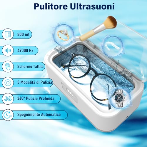 Detalle 2 de Pulitore Ultrasuoni 800ML Olubfdh: pulizia profonda 49KHz per gioielli, occhiali, orologi e molto altro