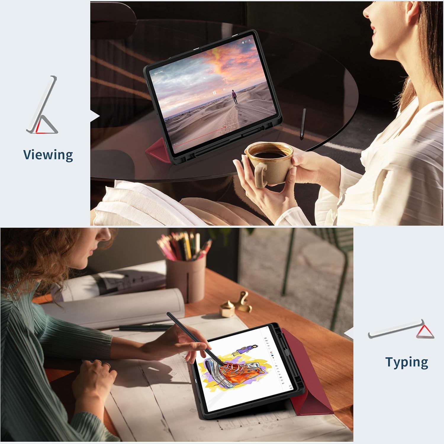 Thumbnail 6 de EasyAcc Schutzhülle aus PU-Leder für Samsung Galaxy Tab S10 Lite/S10 FE 10.9" / S9 FE 10.9" & S9 11" mit S Pen Halter – Ultra Dünn, Standfunktion, Rotwein