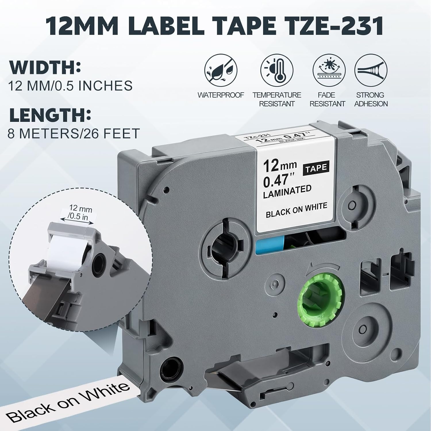 Detalle 2 de 4 Rollen TZe-231 Etikettenband (12 mm) kompatibel mit Brother P‑Touch – Schwarz auf Weiß