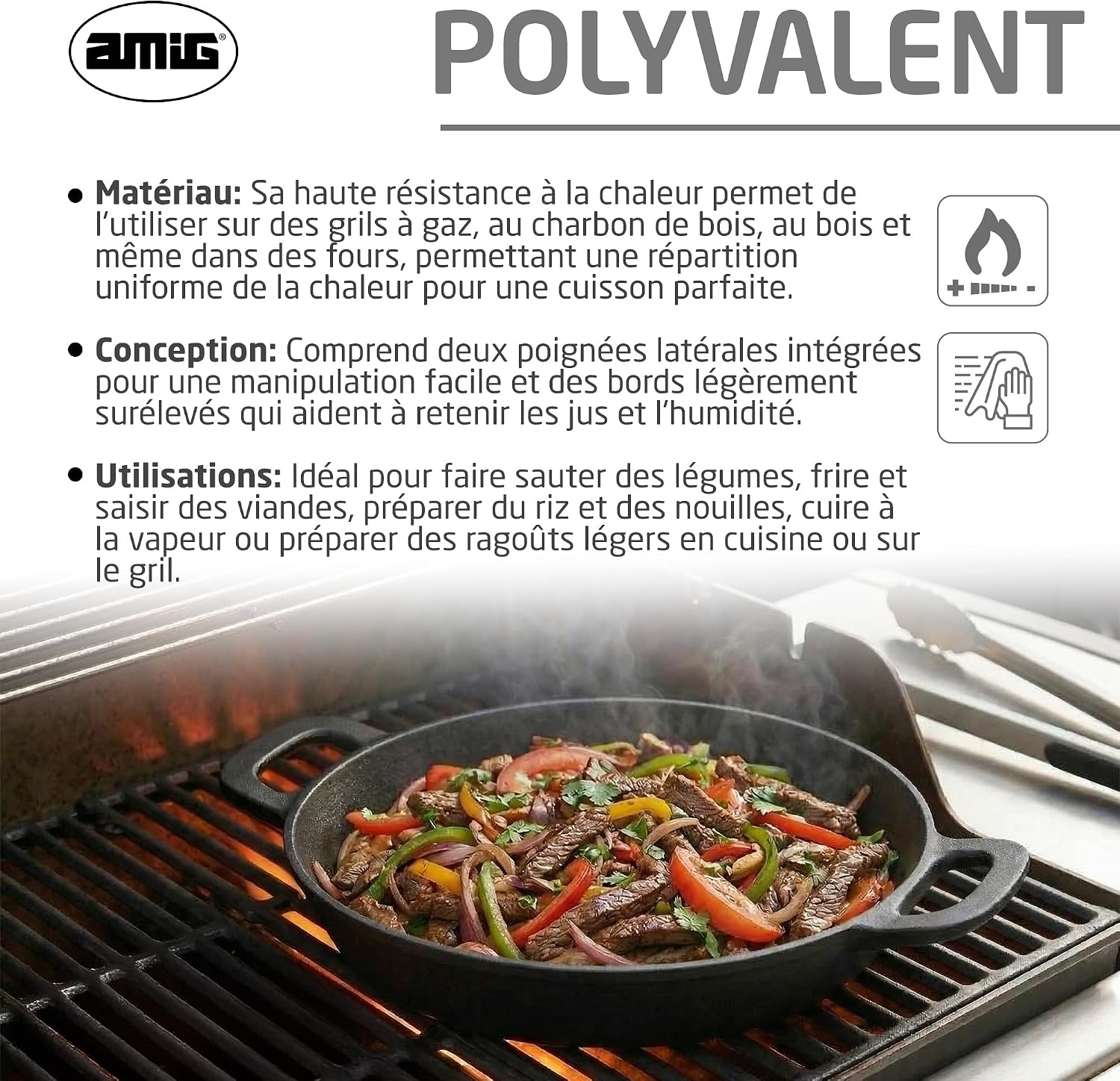 Detalle de Amig Mod. AM39 Cast Iron Skillet, Ø31 cm for Charcoal and Gas Grills