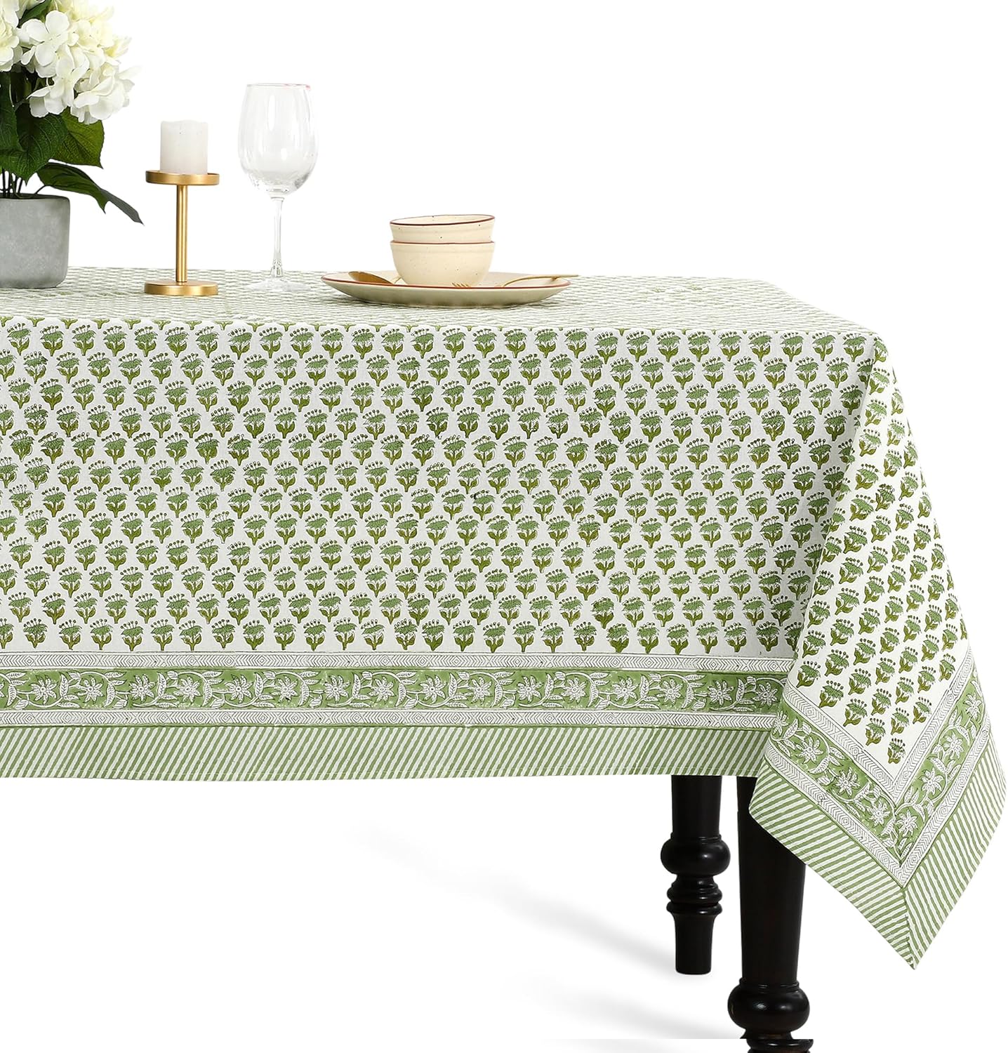 Detalle de CPC Tablecloth 100% Cotton 72x140 Inch Emerald Green Indian Block Print Rectangle Table Cover