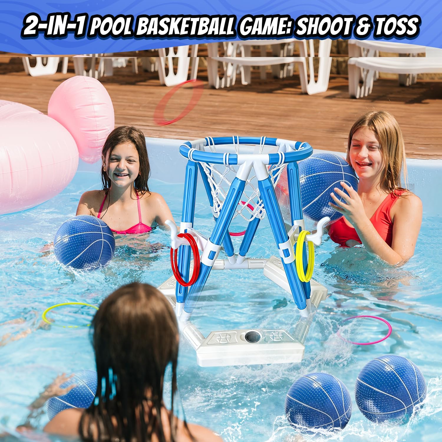 Detalle de 2-in-1 Pool Basketball Hoop & Ring Games - Floating Pool Toys for Kids and Family Fun