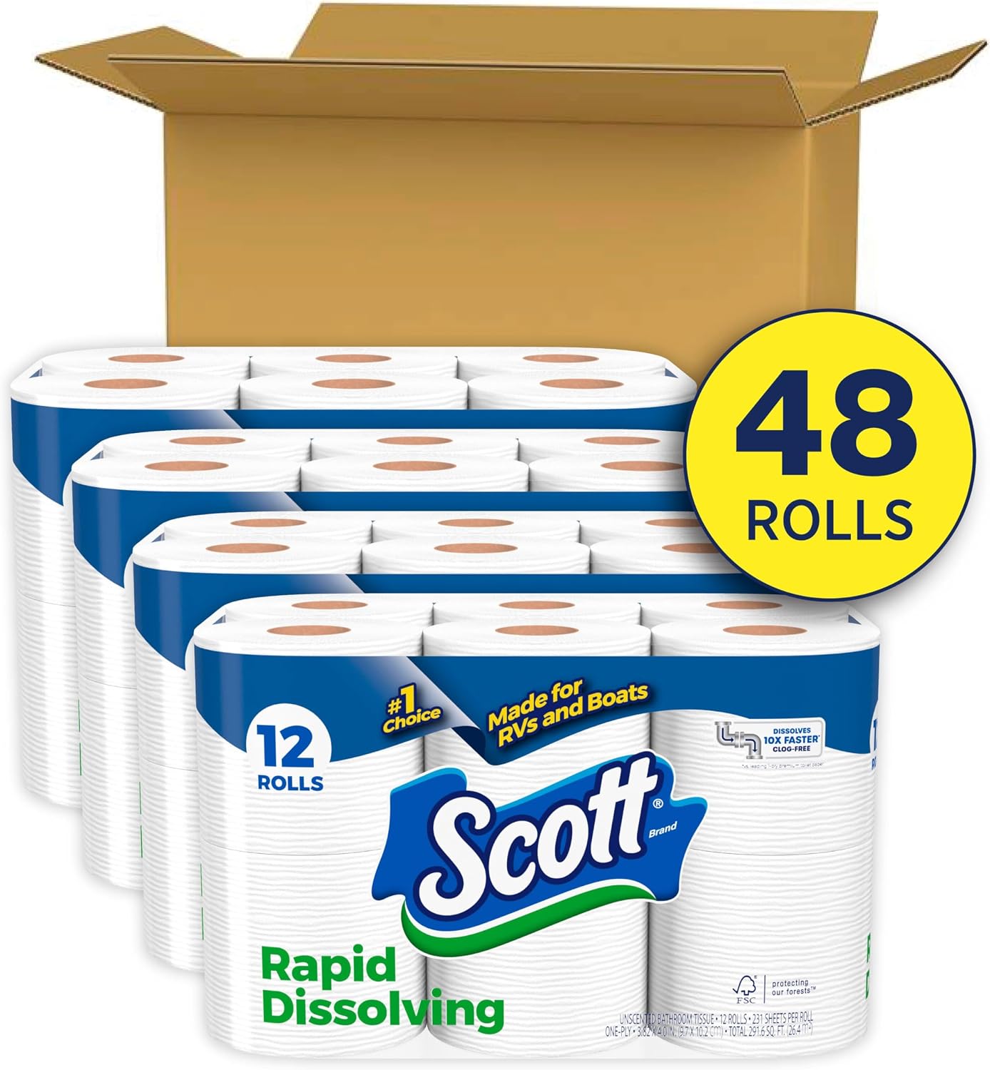 Detalle de Scott Rapid-Dissolving Toilet Paper: 48 Double Rolls, 1-Ply, Septic-Safe and RV/Boat Ready