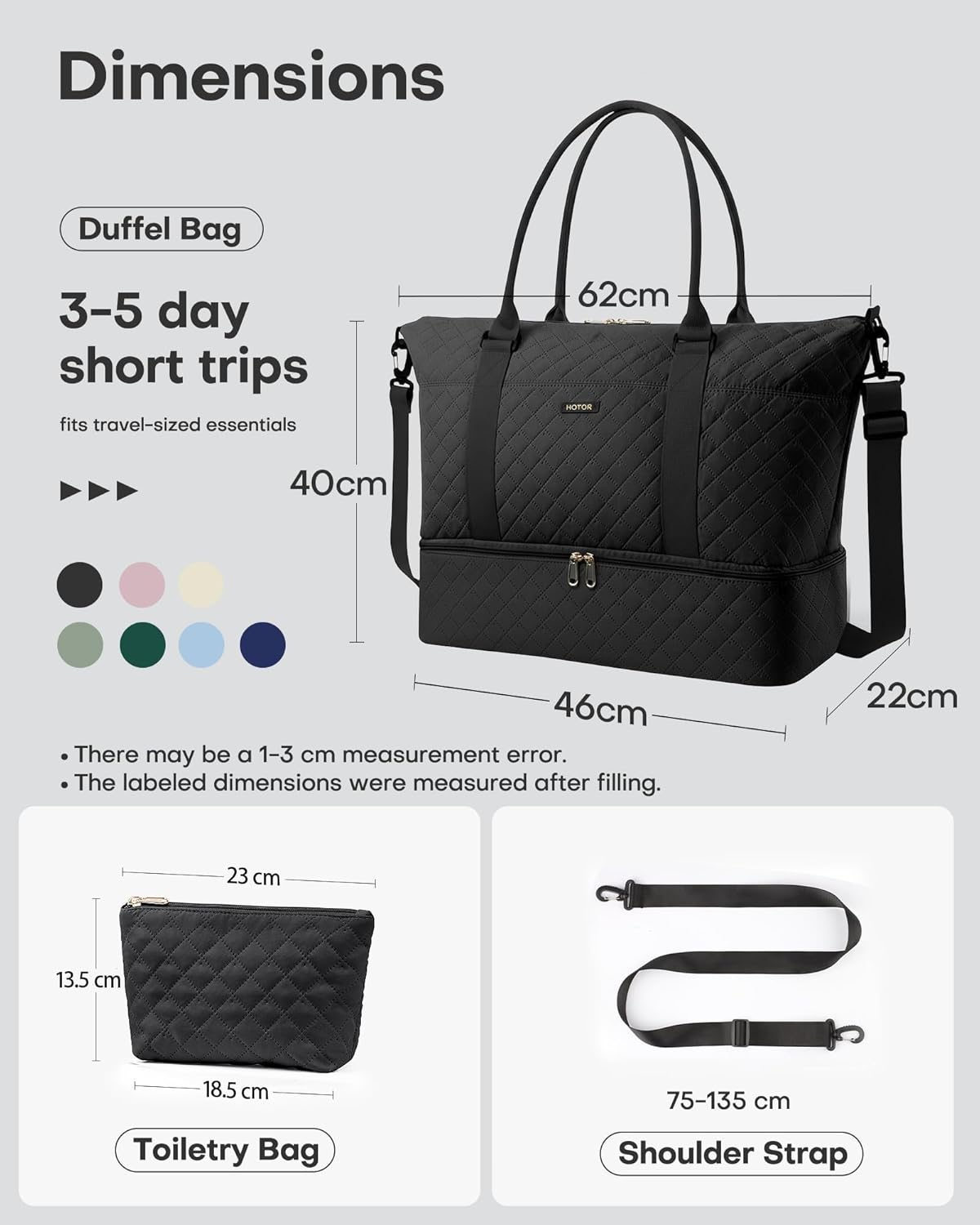 Detalle de HOTOR Women’s Travel Bag – Lightweight Overnight Holdall with Shoe Compartment, Toiletry Pouch & Carry-on Convenience (Black)