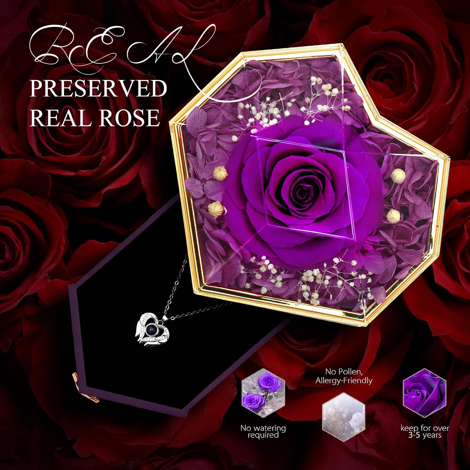 Detalle 2 de GOICC Preserved Rose with Necklace Gifts Box for Her — Eternal Purple Rose and Angel Wing Necklace
