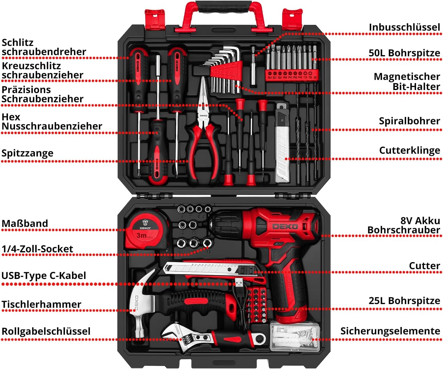 Detalle 2 de DEKO Werkzeugkoffer-Set mit Akkuschrauber (8V) und LED – bestückt, 126-teilig