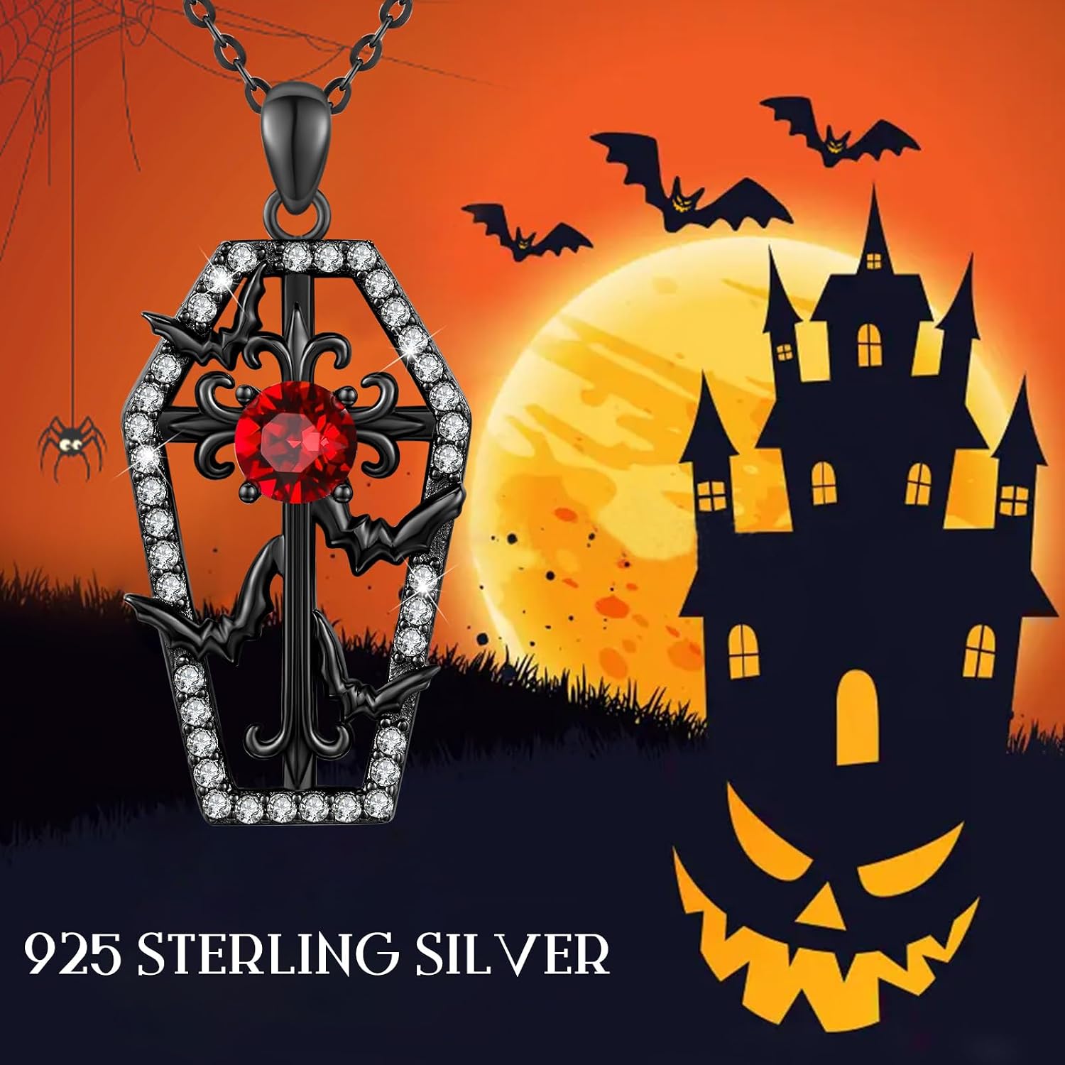 Detalle de Waysles Gothic Halskette aus 925 Sterling Silber mit Fledermaus- und Sarg-Anhänger, verstellbar