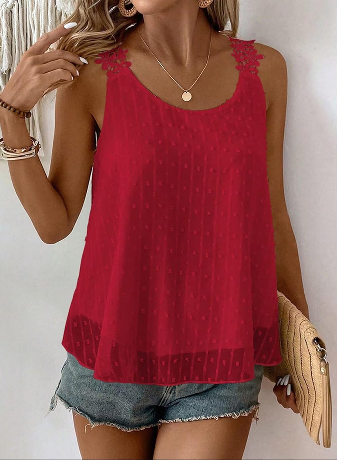 Thumbnail 3 de Womens Tank Tops Flowy Sleeveless Summer Boho Tank Top for Women Casual Crewneck Strap Lace Camisole Shirts