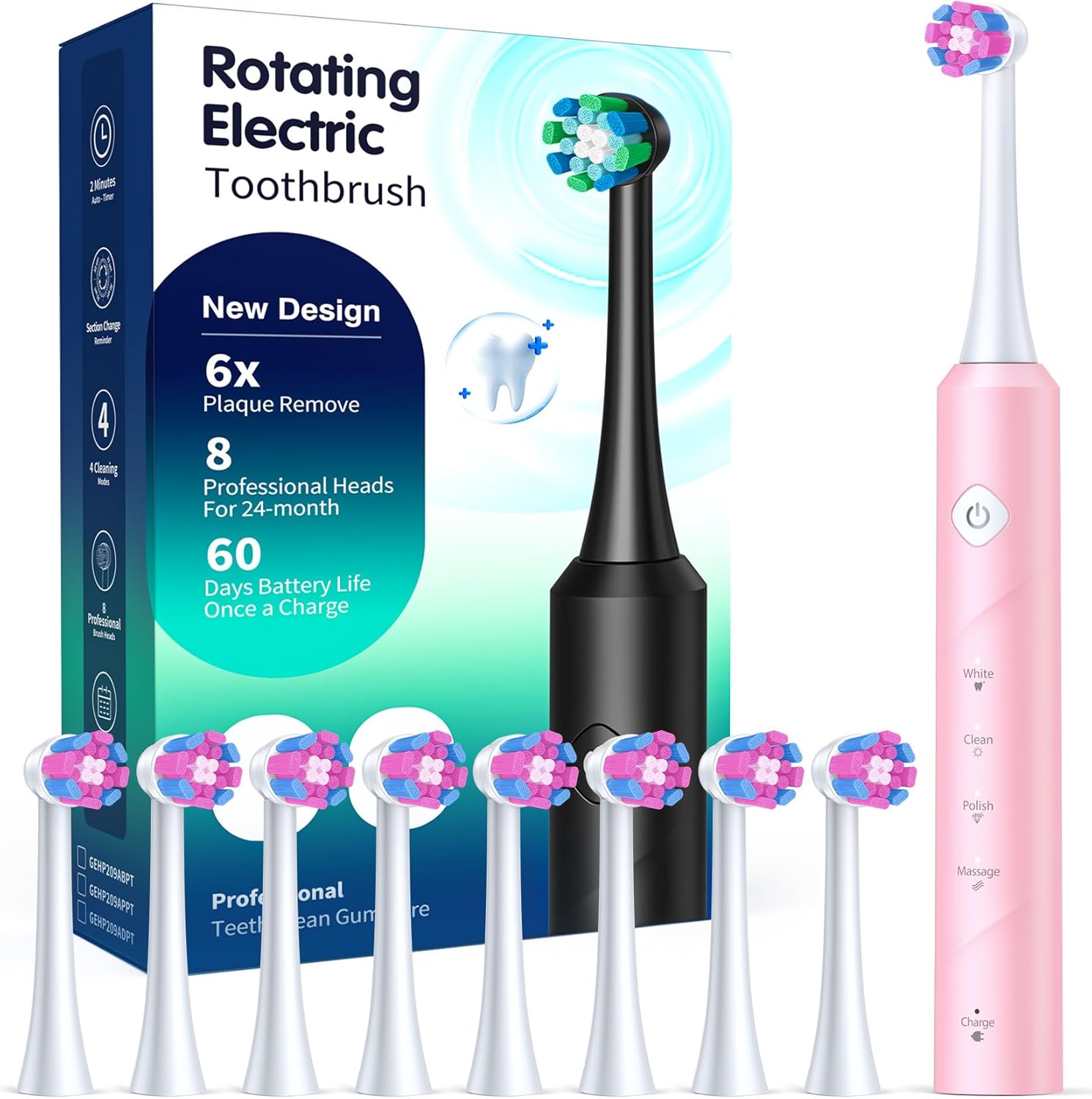 Thumbnail 6 de Rotating Electric Toothbrush for Adults (Black) – 8 Brush Heads, Fast Charging, 60-Day Battery, 4 Modes, IPX7