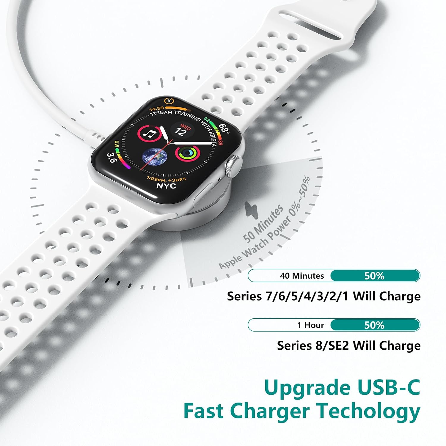 Detalle 1 de Upgraded Apple Watch Charger Magnetic USB‑C Cable 6ft