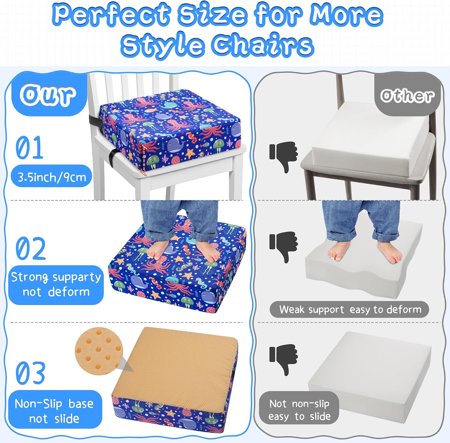 Thumbnail 6 de Blue Toddler Booster Seat for Dining Chair with PU Cover, Non-Slip Base & Adjustable Seat Belts