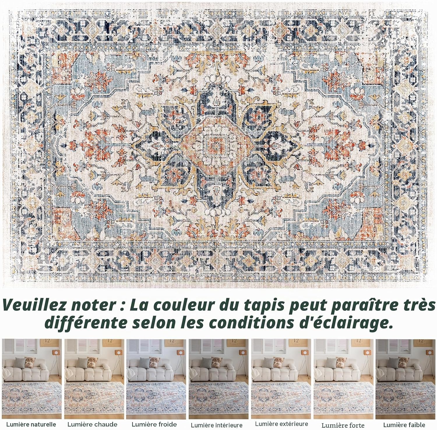 Detalle 2 de CHOSHOME Tapis Salon Antidérapant Lavable en Machine – Poils courts, style vintage multicolore, 300x400 cm