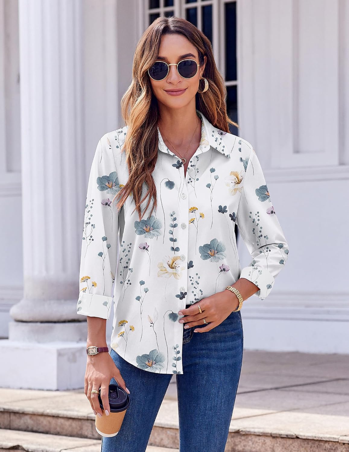 Detalle 2 de Camicia da donna con fiori colletto alto