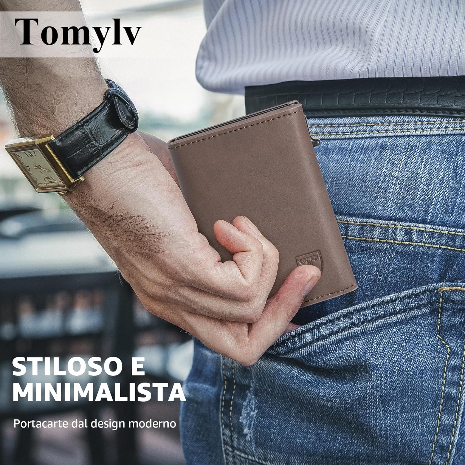 Detalle de Tomylv Portafoglio Uomo RFID Magnetico Slim Marrone: compatto ma capiente