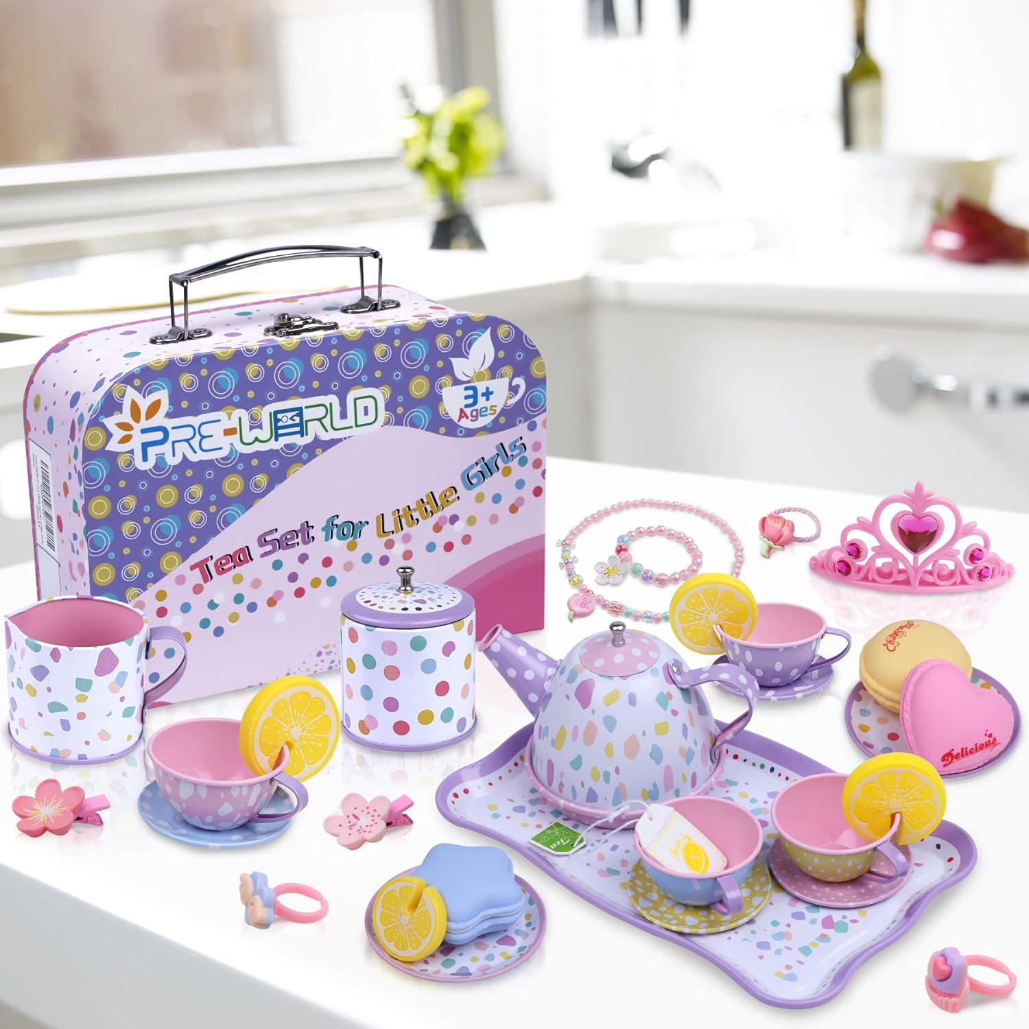 Detalle de Tea Party Set for Little Girls (36-Piece Princess Pretend Play Set) with Dress-Up Accessories