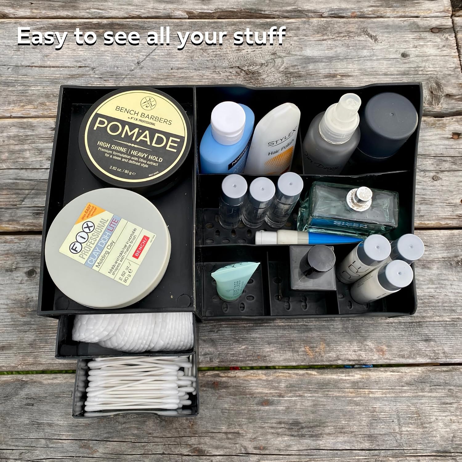 Detalle de UNCLUTTERED DESIGNS Large Black Cosmetic Organiser – Large Drawer Box for Aftershave, Deodorant, Beard, Shaving Lotion, Perfume & Skincare